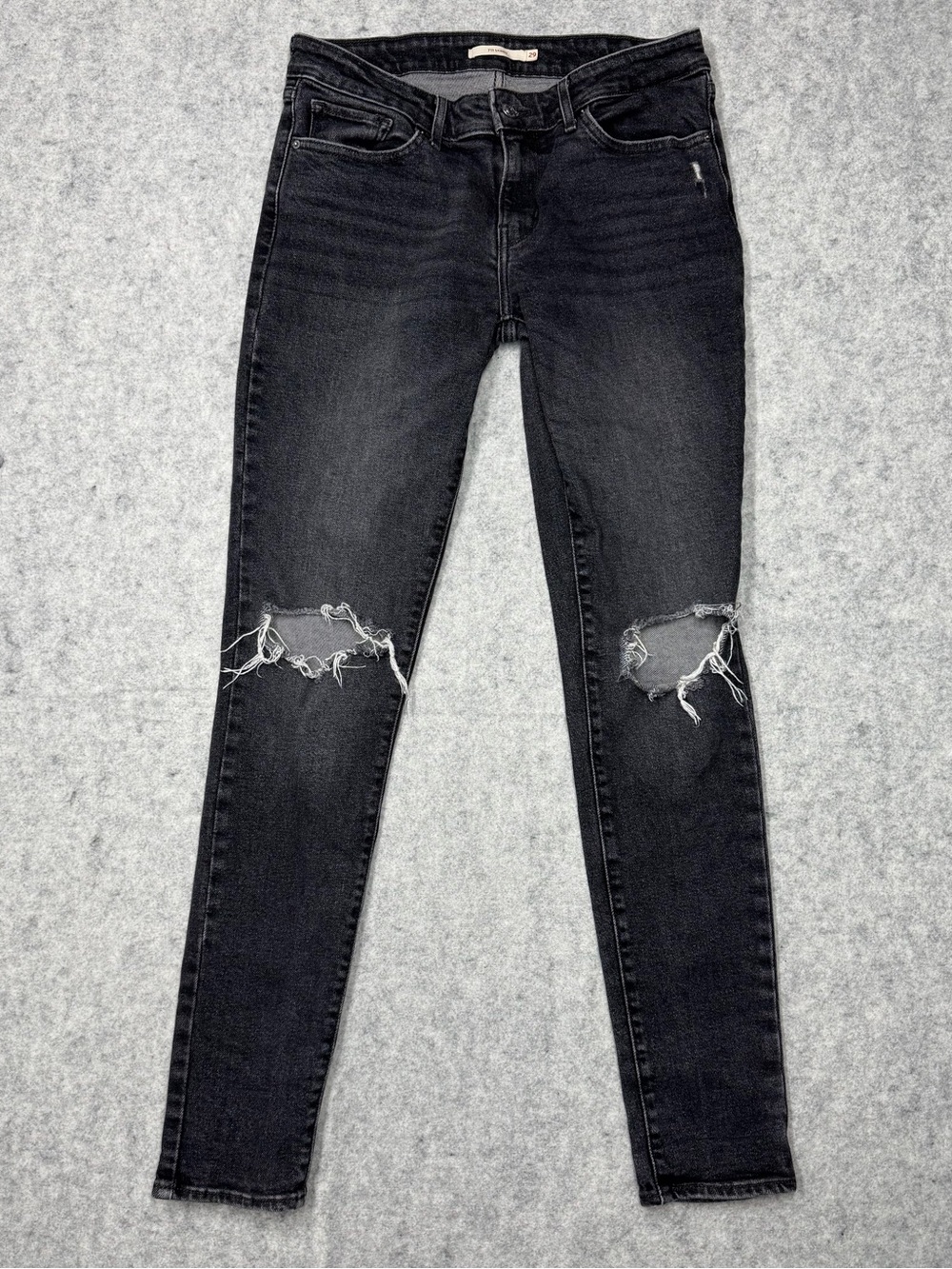 Levi's 711 Skinny Jeans W29 L32 Black Distressed Ripped Knee Faded Denim Y2K